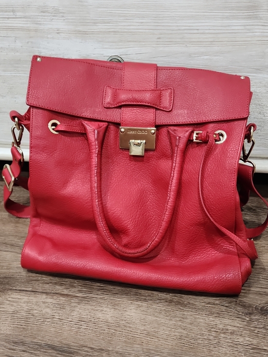 Jimmy Choo Handbags - Jimmy Choo Red Pebbled Leather Satchel with Gold Hardware and Bow Accent
